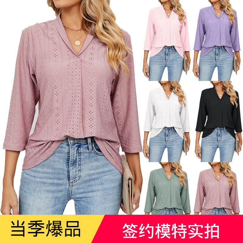 Women's temu Autumn V-neck Jacquard Loose Top Sleeve Lose T-shirt