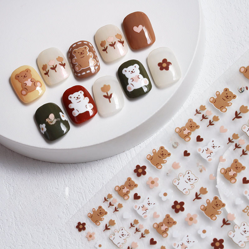 Aha Nail Glue Sticker Cartoon Autumn and Winter Squirrel Bear Painted Tulip Flower Nail Decoration