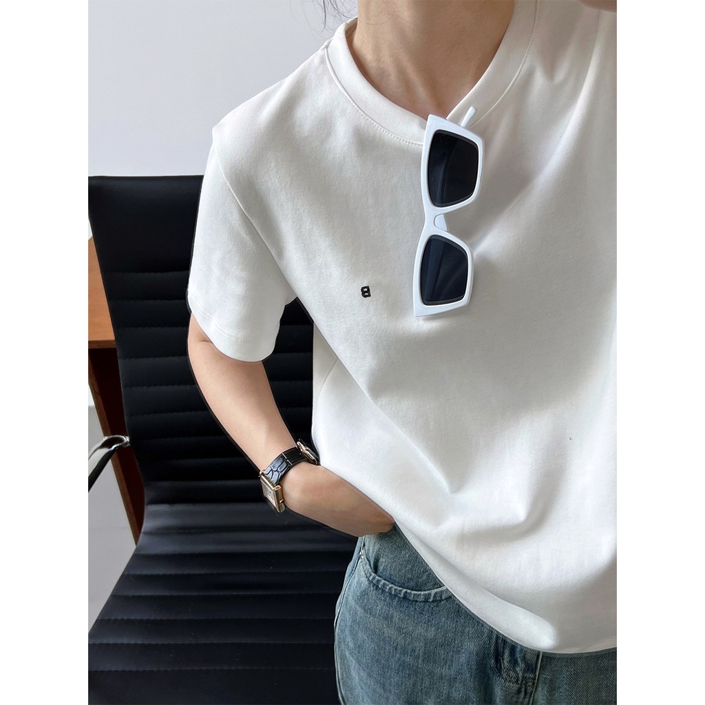 Luxi Letter Embroidered Simple Short-sleeved T-shirt Women's Spring and Summer Inner Pullover Base Shirt Shoulder Top 2570