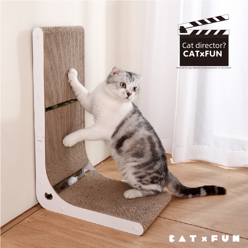 Cat Scratch Board L-type Vertical Simple and Durable Cat Paw Board Not Easy to Remove Dips with Bell Ball Catnip Ball Cat Toy