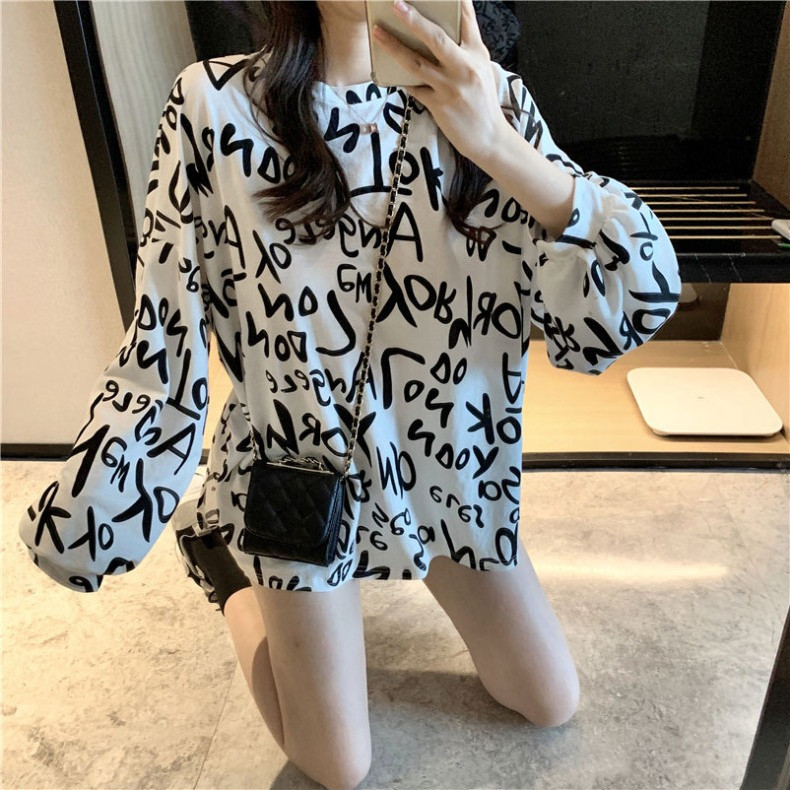 Letter Print Loose Hyuna Top Women's Arrival Trendy ins Korean Style Spring and Autumn Lazy Style Student Base Shirt