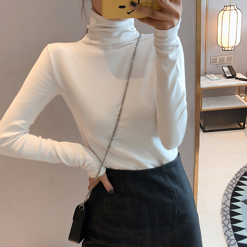 Women's Thickened Half-High Collar Slimming Long-Sleeved T-Shirt Korean Style Slim-Fit Large Size Simple Casual Base Shirt