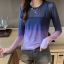 Spring and Summer Gradient Loose Long-sleeved T-shirt Hollow Inner Top Women's Mesh Base Shirt