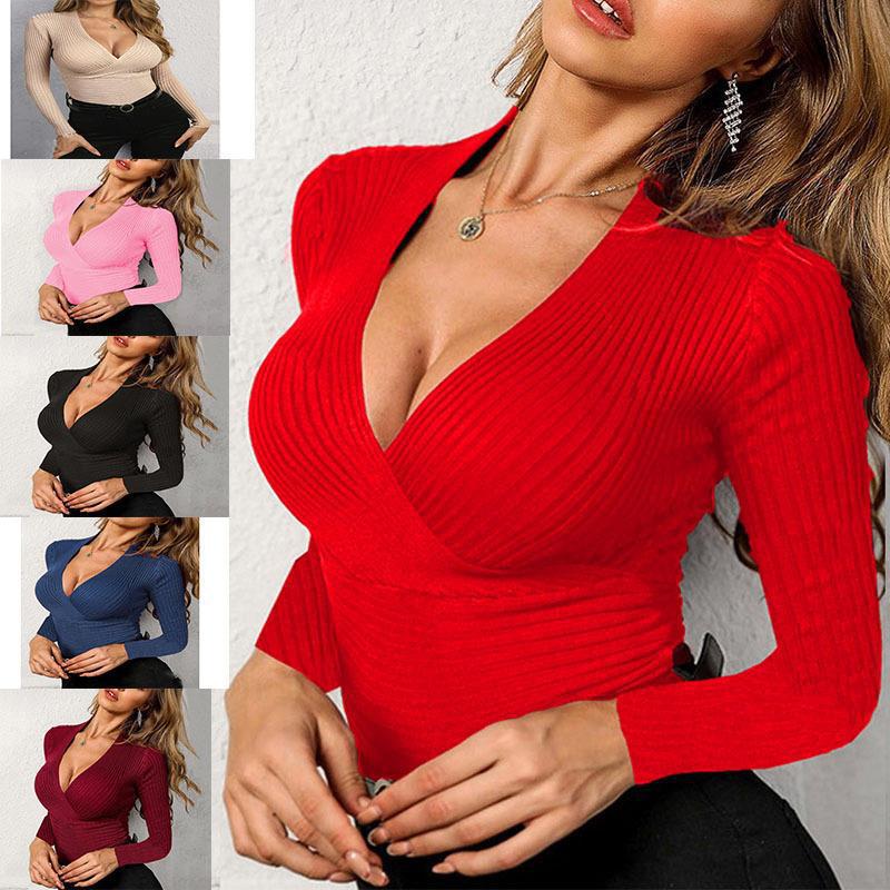 Autumn Smart Style Sexy Knitted Pullover V-Neck Slim Long Sleeve T-Shirt for Women