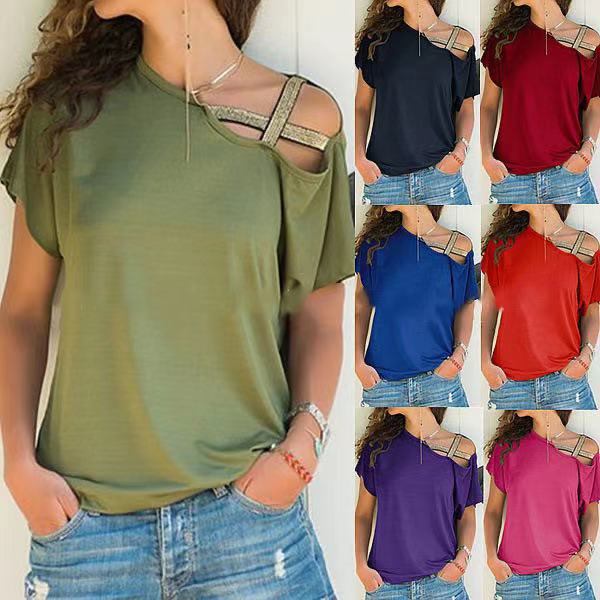 Summer E-Commerce Casual Cross Shoulder Irregular Short-sleeved T-shirt Women's Clothing