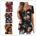 Europe and America Women's Short-sleeved Summer Floral Print Fashion Casual Top Henry Shirt