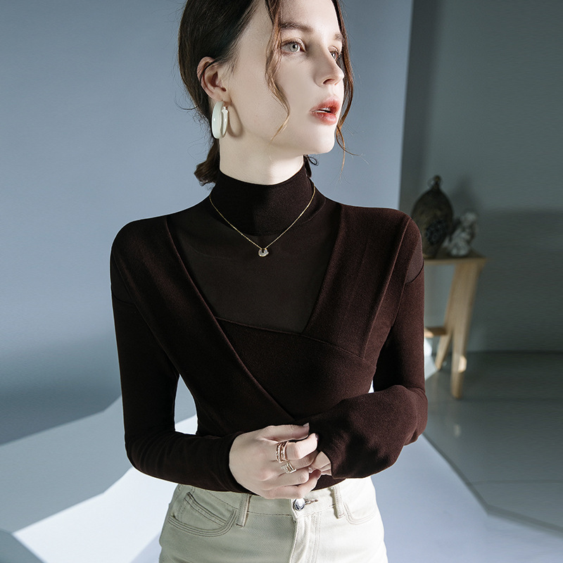 Fu Sheng Ji Double-sided Velvet Stitching Mesh Top Autumn and Winter Inner Base Shirt Design Sense Small Shirt