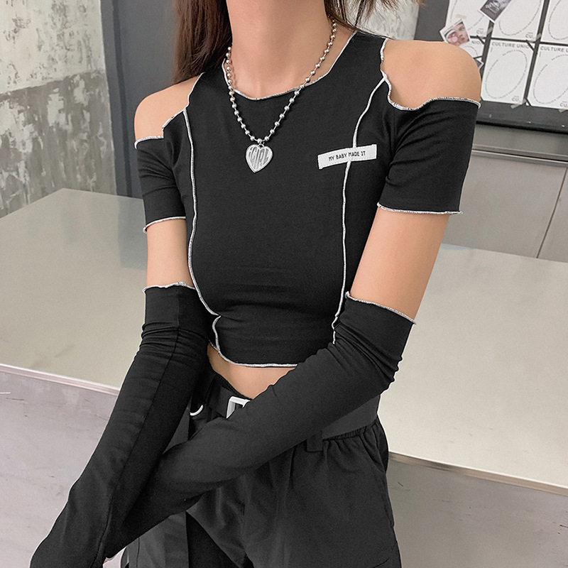 Style Women's Autumn and Winter Fashion Labeled Slim-fit Round Neck Off-shoulder Short T-shirt for Women