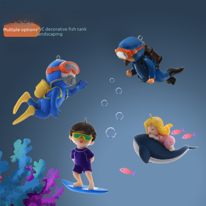 水族箱桌面小鱼缸装饰摆件新款潜水员漂浮创意PVC公仔冲浪少年