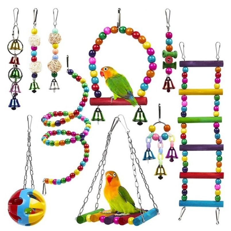 鹦鹉玩具10件套 鸟笼配件秋千云梯藤球串铃铛串 跨境热销宠物玩具