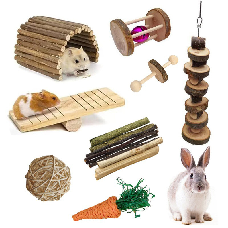 Hamster rabbit molar bite toy apple wood bite string straw stick sweet bamboo branch grinding ball roller combination suit