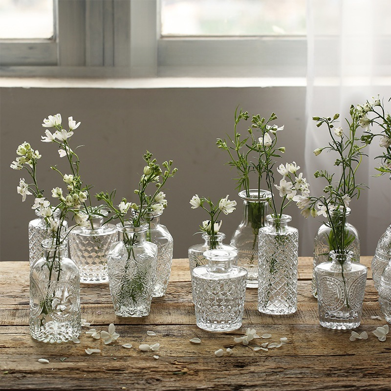 复古轻奢浮雕透明法式迷你玻璃花瓶客厅ins风家居摆件插花小花瓶