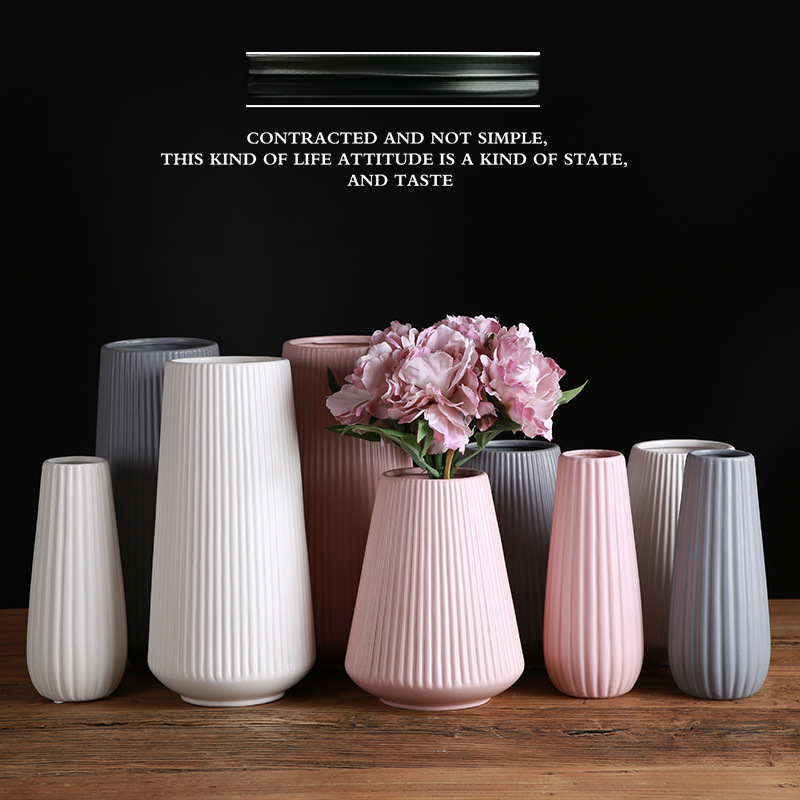 Vertical Pattern Mediterranean Ceramic Vase Nordic Modern Simple White Powder Gray Ornaments Flower Arrange Home Scrub