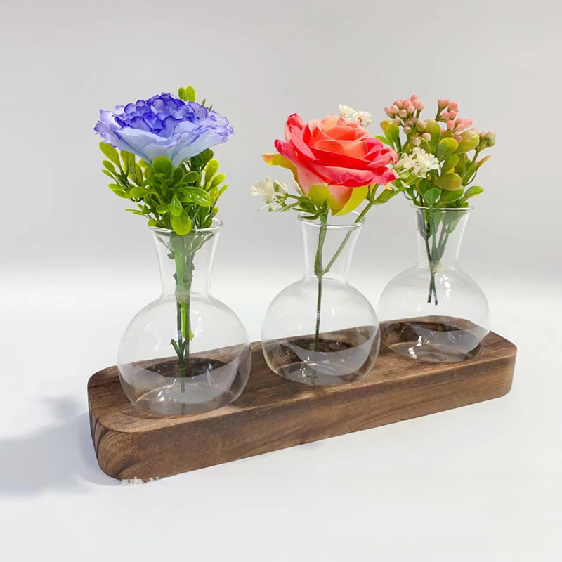 Desktop Decorative Bottle Glass Hydroponic Vase Wooden Base Office Living Room Ornaments Lazy Water Raising Green Rose Plant