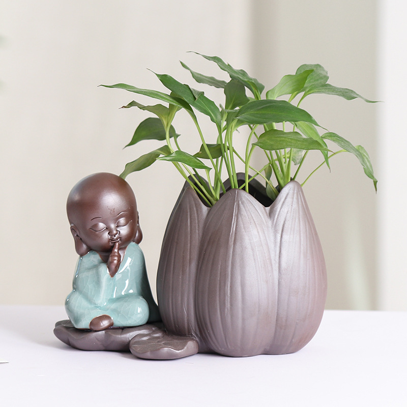 Chinese Style Creative Purple Sand Zen Hydroponic Flower Pot Retro Desktop Non-porous Copper Herba Green Rose Hydroponic Flower Ornaments