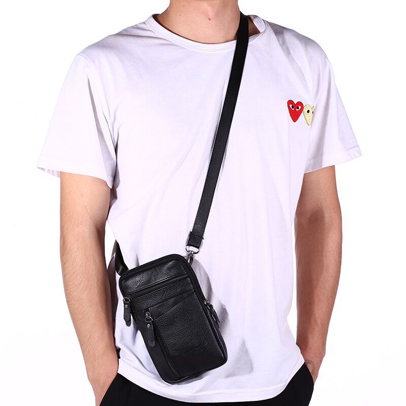 Men's diagonal bag leather thin cowhide shoulder bag retro mobile phone waist bag