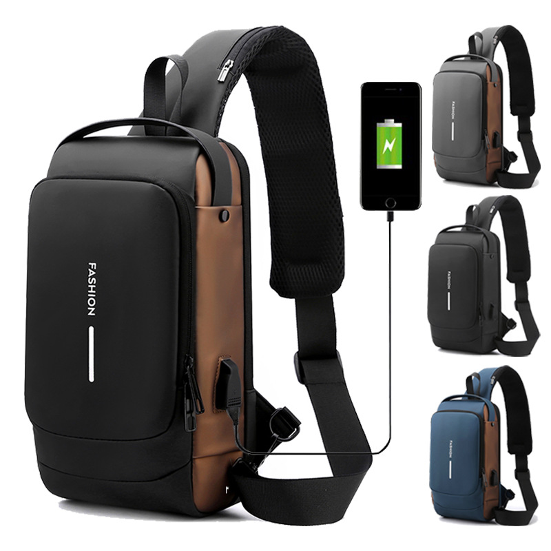 Chest Bag Men's Backpack USB Charging Backpack Single Shoulder Chest Bag Commuter Bag Water-repellent Crossbody Chest Bag