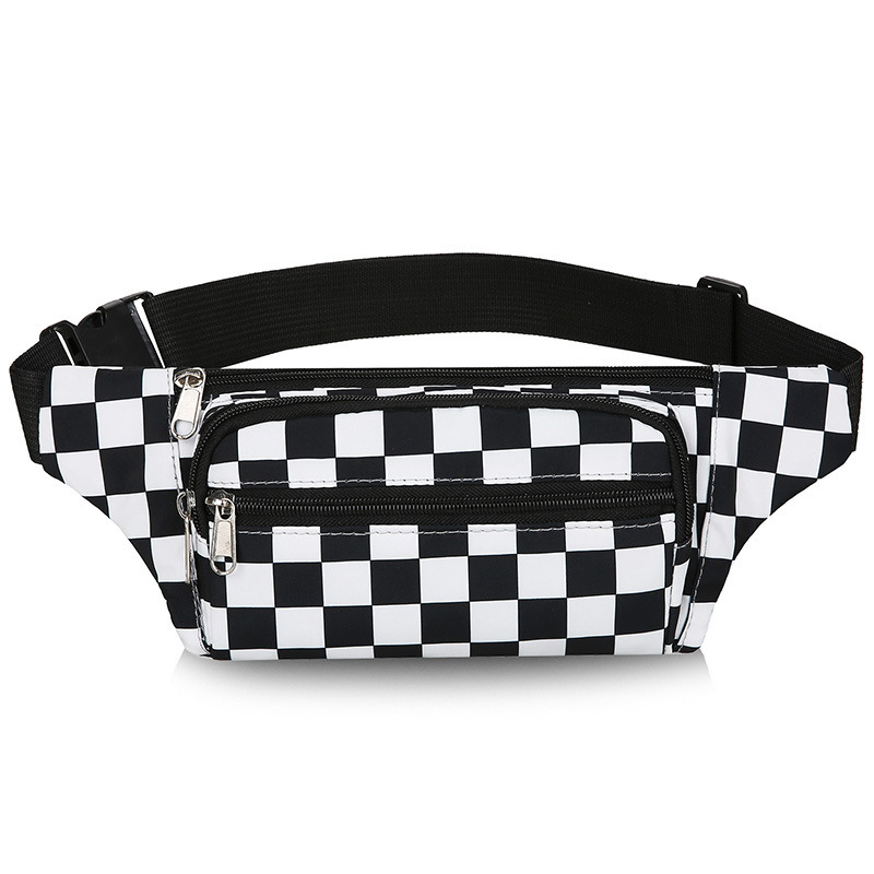 Checkerboard Waist Bag Women's Fashion Nylon Black and White Waist Bag Mobile Phone Bag Large Capacity Running Waist Bag Women