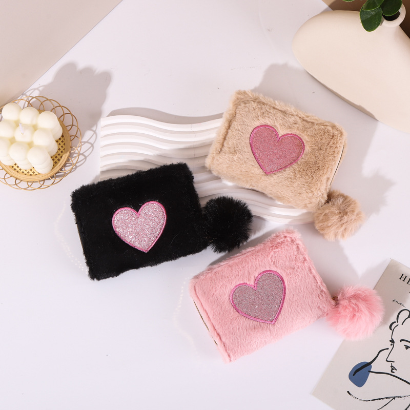 Plush Coin Purse Love Embroidered Zipper Purse Short Wallet Clutch Cartoon Digital Printed Wallet