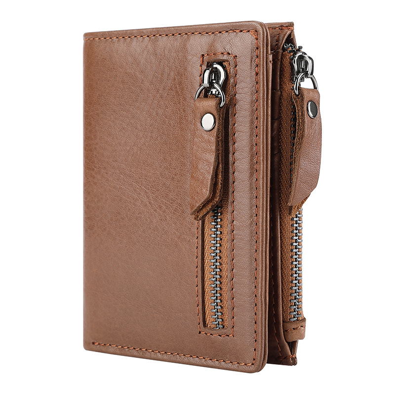 First Layer Cowhide Men's Wallet Double Zipper DFID Multifunctional Vintage Wax Leather Wallet Genuine Leather Men's Bag Short Wallet