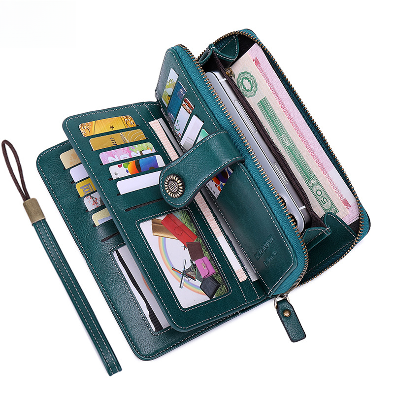 RFID防磁钱包女2023新款欧美女士钱包油蜡皮钱夹皮夹大容量手拿包