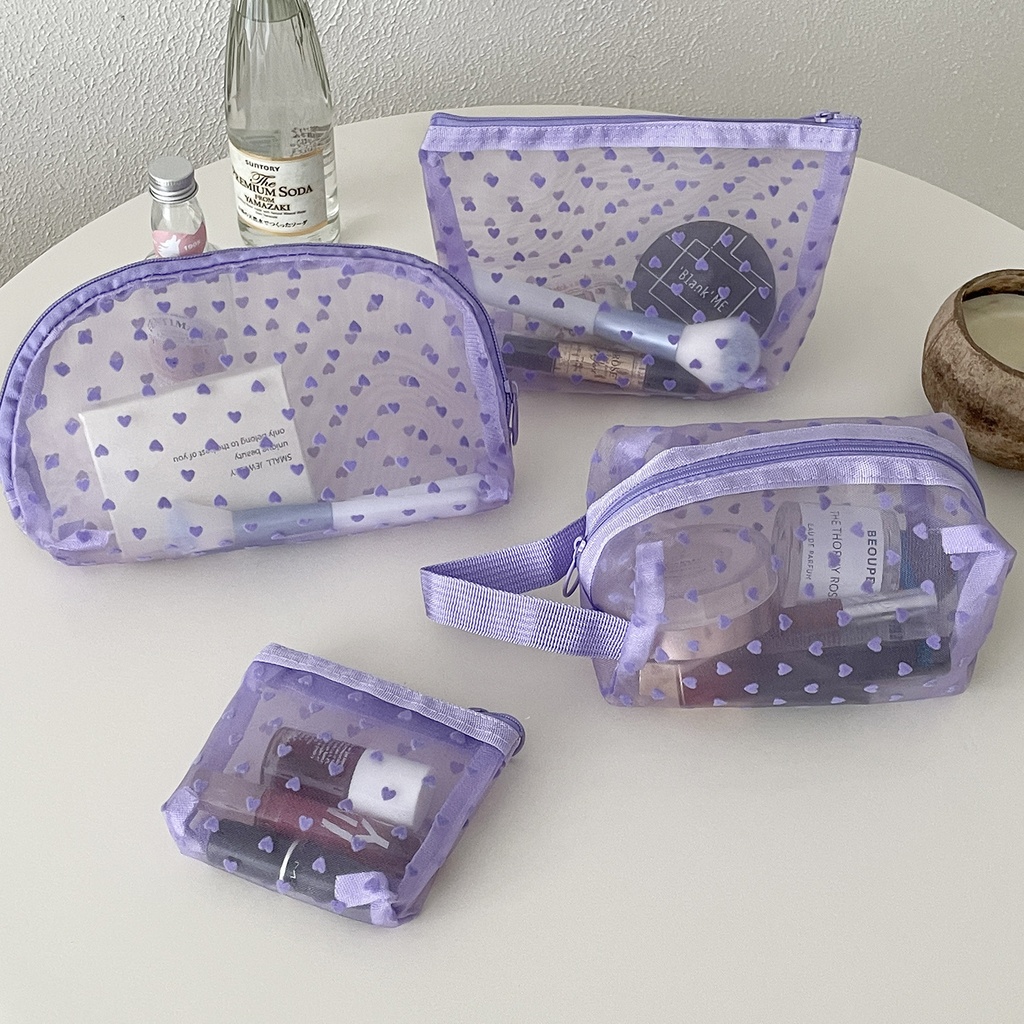 Flocking mesh love cosmetic bag student multi-functional portable breathable transparent visual storage bag Taro purple bag