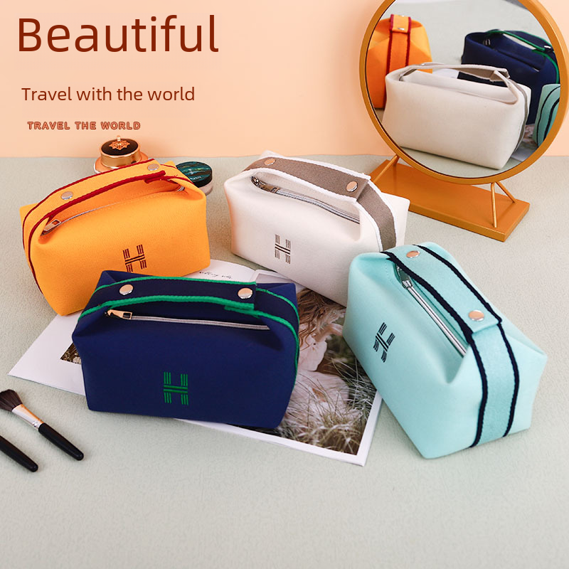 Portable Waterproof Canvas Cosmetic Bag High-value Large-capacity Toiletry Bag Cosmetics Internet Celebrity Portable Solid Color Storage Bag