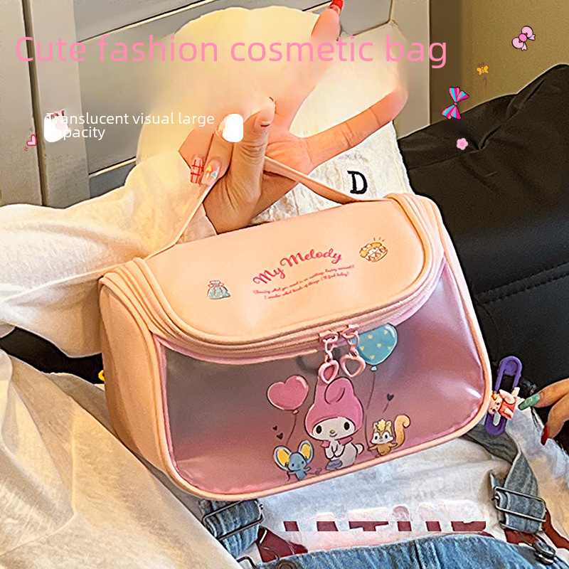 Sanrio Cartoon Cosmetic Bag Women's Large Capacity Portable Travel High Beauty Double Zipper Leather Portable Storage Bag