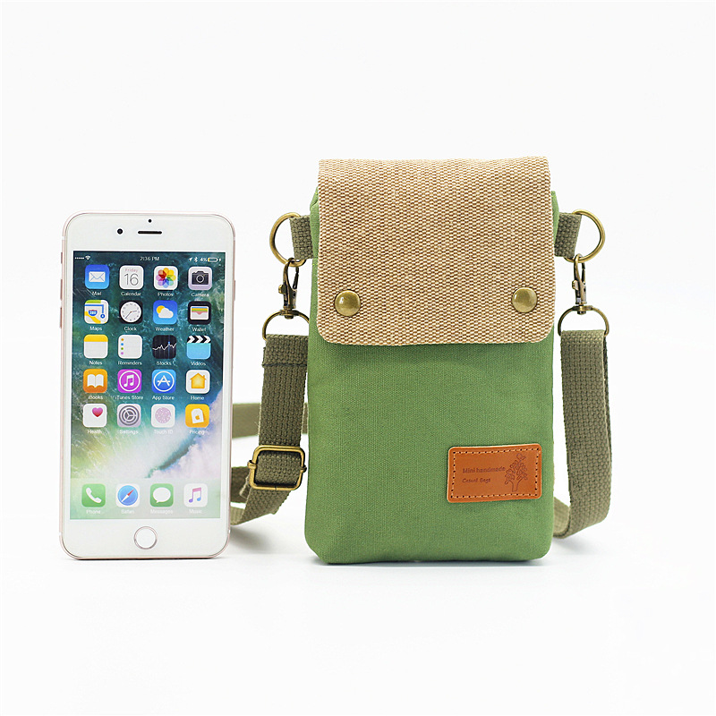 No side label export solid color canvas 3 layer diagonal mobile phone bag simple fabric women's bag