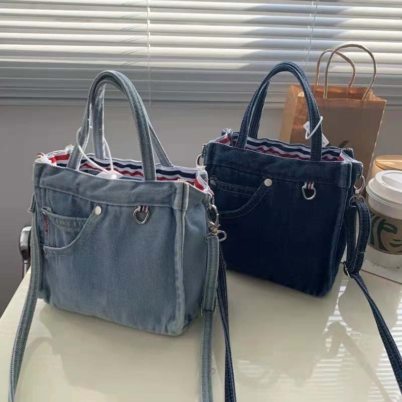 Original Japanese and Korean Style Exquisite Mini Denim Bag ins Korean Style Artistic Trendy Cool Shopping All-match Portable Single Tote Bag for Women