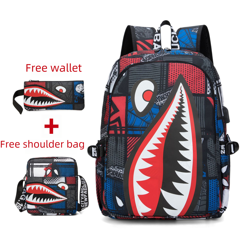 Primary school schoolbag grade 3-6 boy backpack fashion waterproof simple junior high school Oxford cloth shark double backpack tide