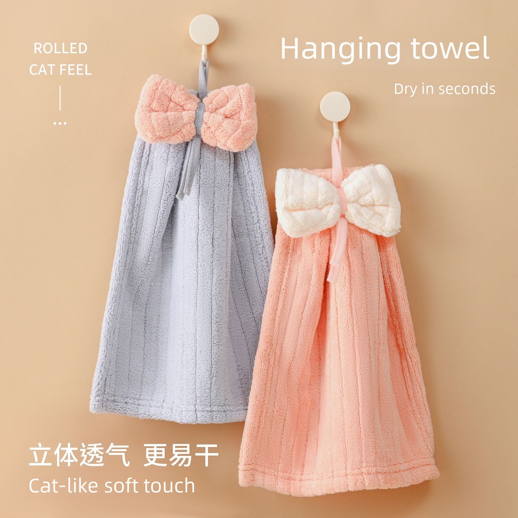 Hand towel hanging cute cartoon bow absorbent hand towel coral fleece toilet kitchen hand cloth