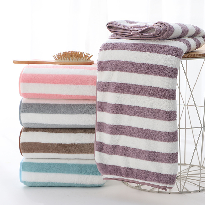 Striped coral fleece bath towel household thick soft absorbent quick-drying large towel swimming towel beach towel