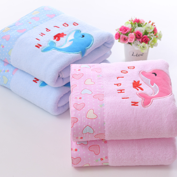 children's cotton bath towel embroidered applique cartoon pattern dolphin bath drape untwisted plain color children's special bath towel