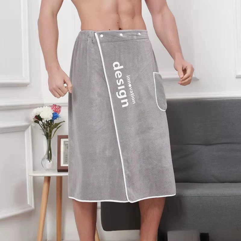 Coral fleece bath towel men's gray bathrobe embroidered logo changeable bath skirt button with pocket factory