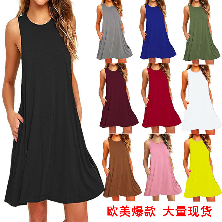 shopee summer fashion sleeveless pocket vest explosion solid color dress women's clothing