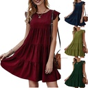 Summer Women's Dress Solid Color Round Neck Short Sleeve Casual Cake Skirt Pleated Large Swing Skirt