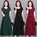 Large Size Dress Women's Summer Short-sleeved Mid-length Over-the-Knee Mid-length Dress Belt Slim-fit Slimming A- line Dress