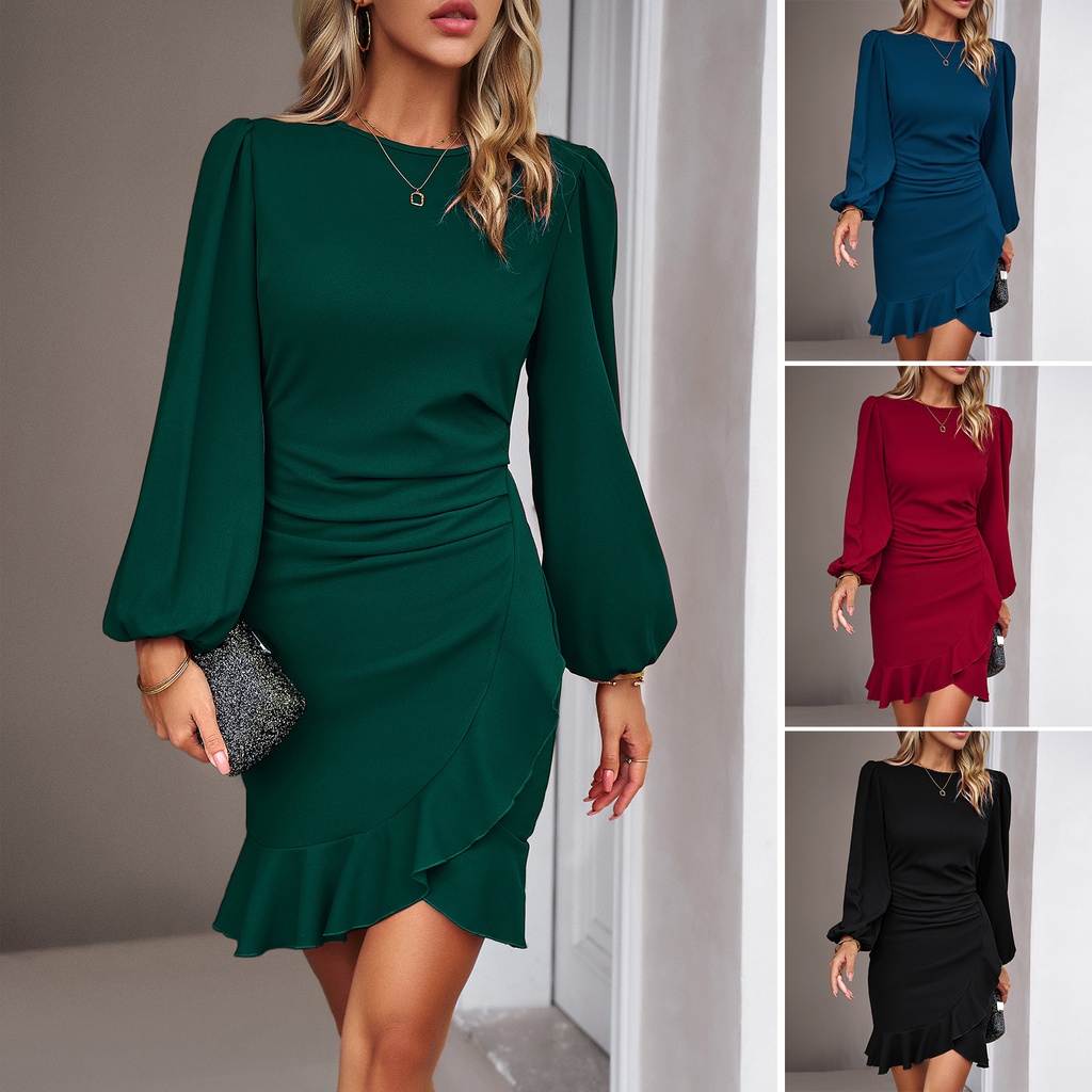 Di Yun Fall/Winter Women's Clothing Independent Station Elegant Bubble Sleeve Pure Color Dress