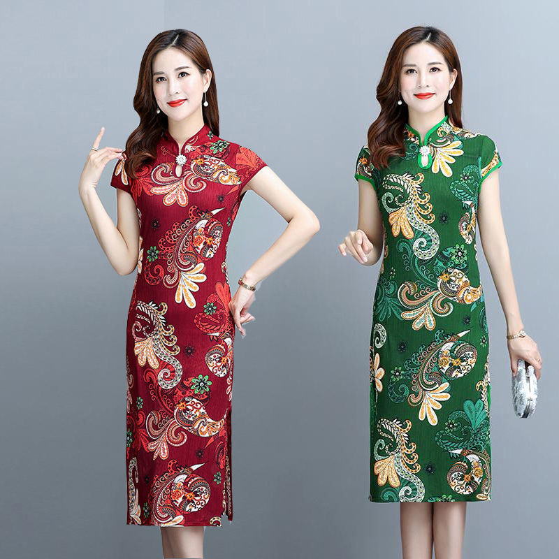 Summer Loose Printed Cheongsam Dress Short-sleeved Elegant Chinese-style Slim-fit Slimming Mid-length Dress for Hair