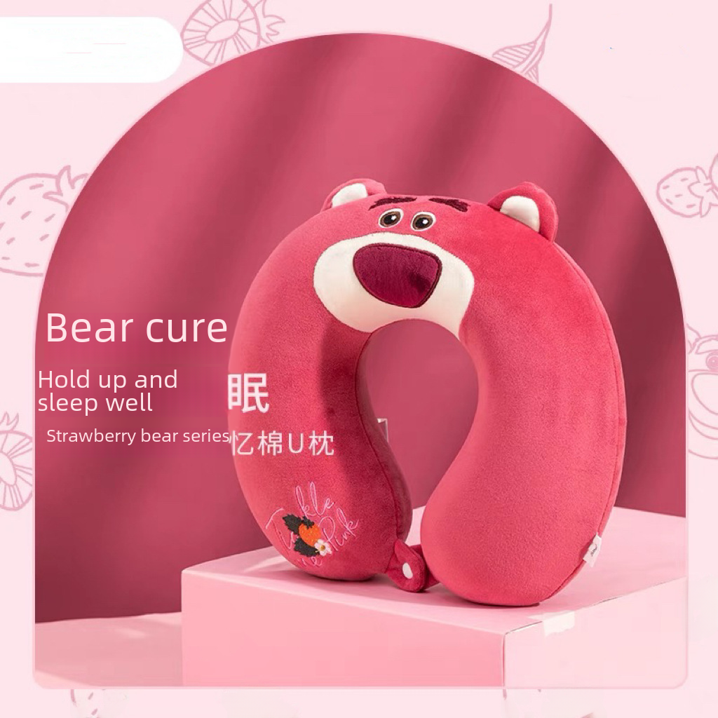 Strawberry Bear Memory Foam U-shaped Pillow Neck Pillow Portable Travel Pillow Office Nap Pillow Soft Slow Rebound Removable and Washable