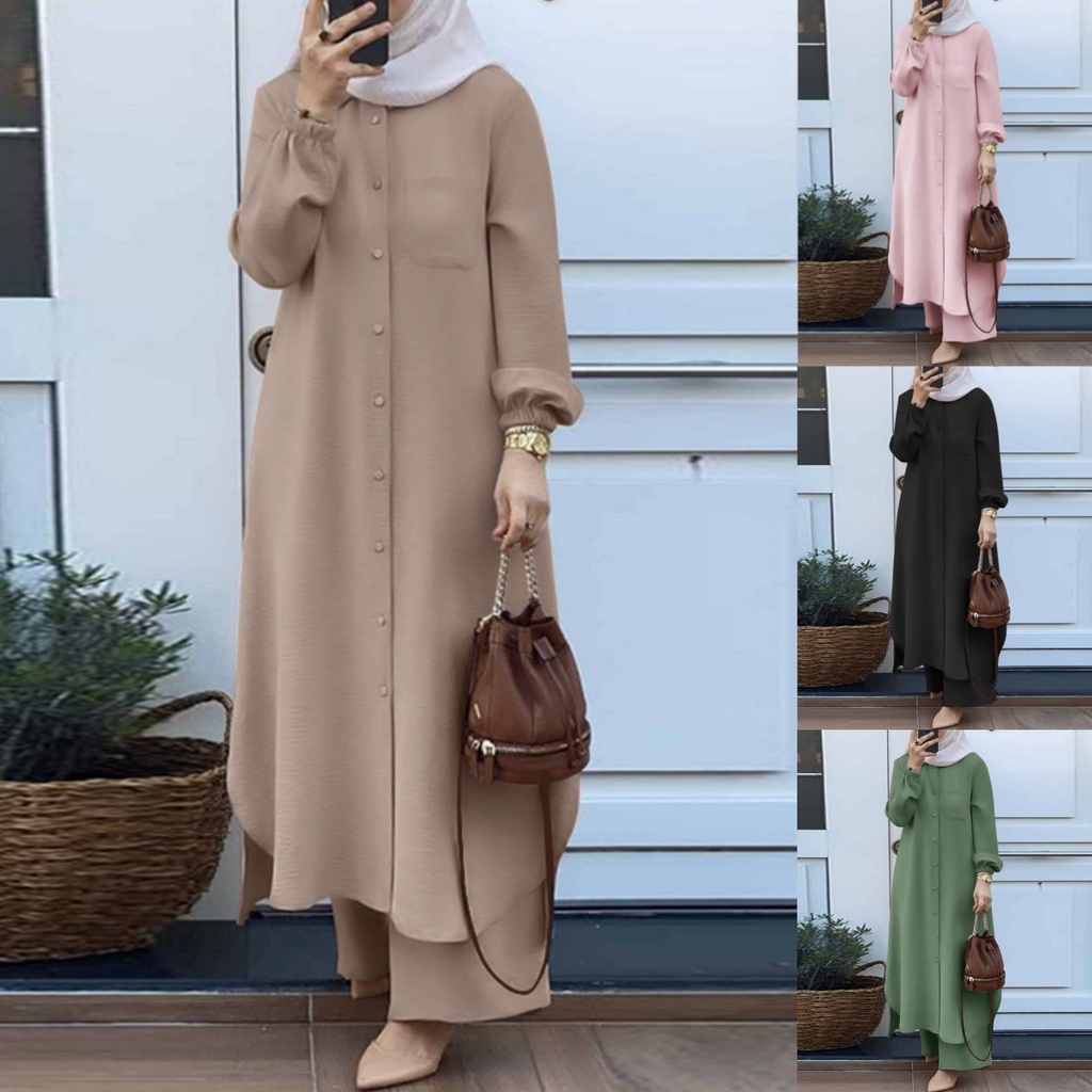 H707#穆斯林女装阿拉伯风两件套春秋新款女式长袖衬衫长裤套装