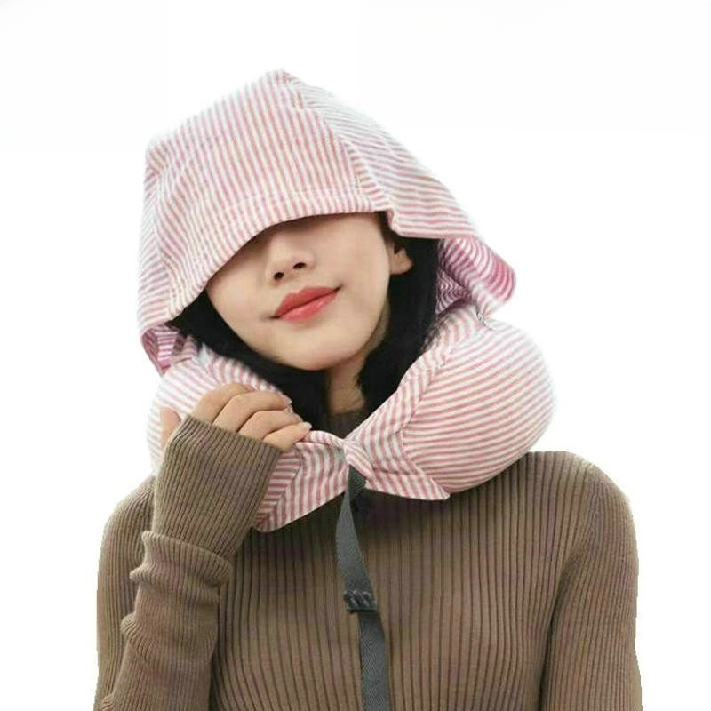 U-shaped pillow travel neck airplane nap pillow unprinted hooded craftsman's double-button eye-covering cotton cervical pillow with logo