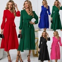 Women's Long-sleeved Slim-fit Pleated Belt V-neck Dress A- line Dress