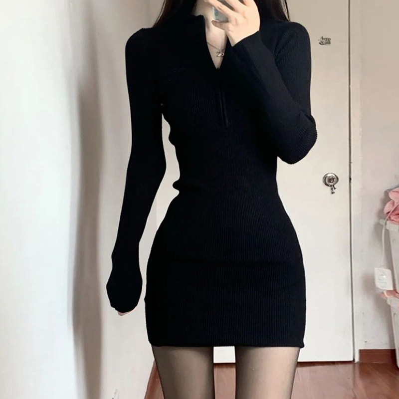 Spring and Autumn Black Hot Girl Women's Slim-fit Knitted Short Skirt Slim-fit Hip Spring Skirt stepmother's Base Dress