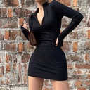 Women's Clothing Spring Long-sleeved Zipper V-neck Hip Slim-fit Black Sexy Dress