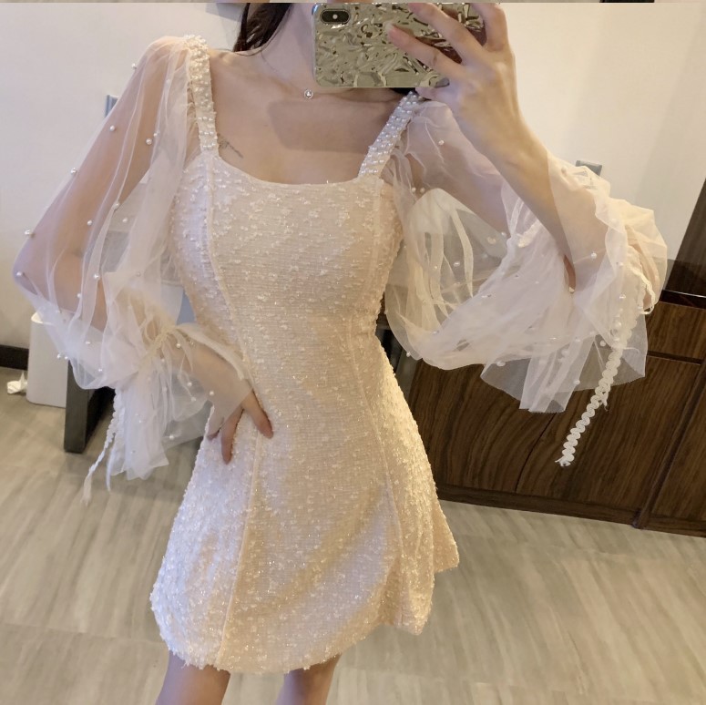 Spring and Autumn Mesh Beads Stitching Bubble Sleeve Dress Sexy Dress