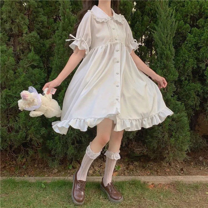 Lolita Dress Fairy Dress Summer Japanese Style Soft Girl Doll Collar Lace-up Bubble Short-sleeved Ruffled Dress for Women