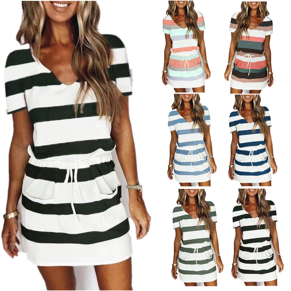 Europe and the United States summer women's explosions drawstring skirt short sleeve striped dress