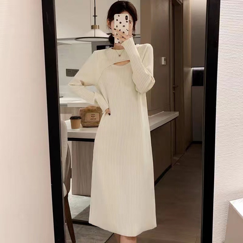 High-end Sense Coat Inner Long Skirt White Knitted Base Dress Women's Autumn and Winter Sweater Dress